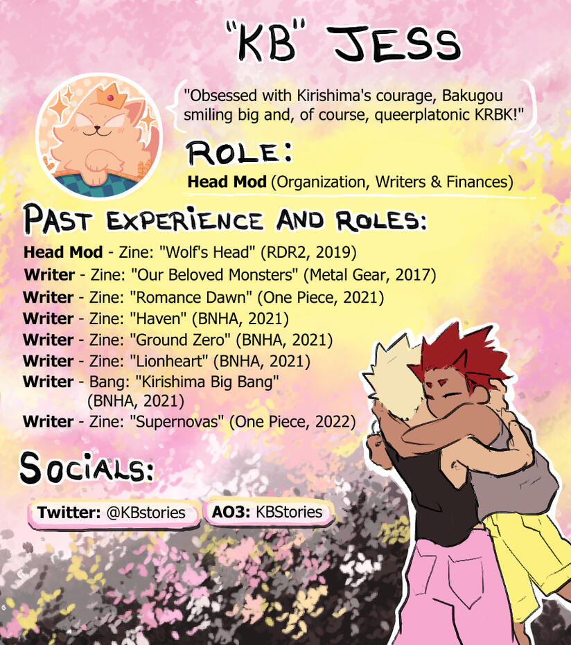 Mod profile of "KB" Jess. Previous zine experience: 1x head mod, 6x writer in zines, 1x writer in big bang.